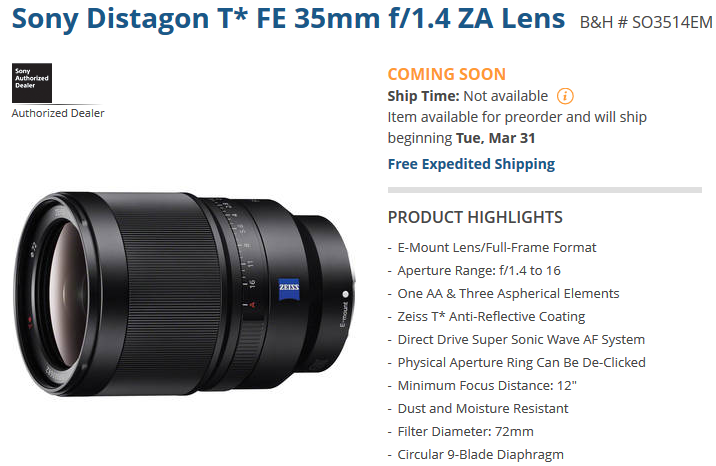 sony FE 35mm lens to start shipping