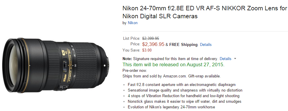 Nikon AF-S Nikkor 24-70mm F2.8E ED VR lens delayed