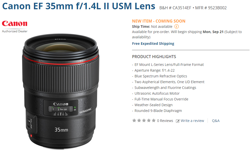 Canon EF 35mm F1.4L II USM lens shipping