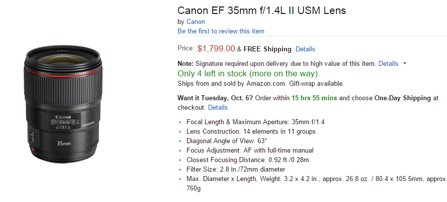Canon EF 35mm F1.4L II lens in stock
