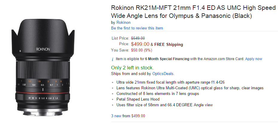 Rokinon 21mm F1.4 lens in stock