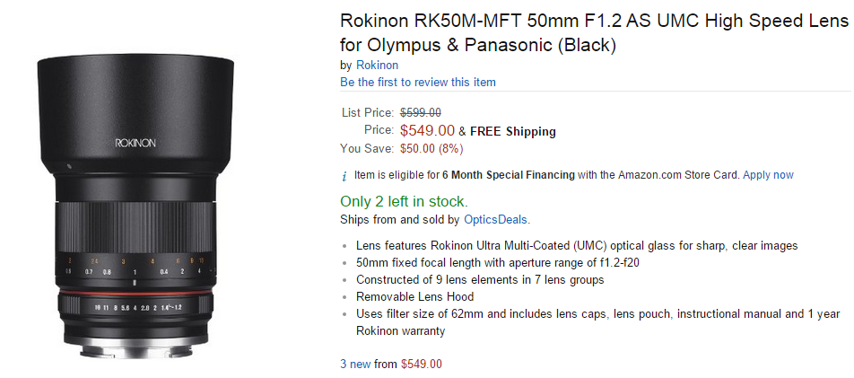 Rokinon 50mm F1.2 lens in stock