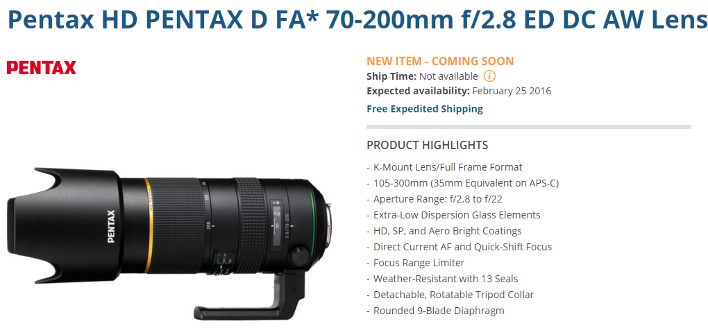 Pentax FA 70-200mm F2.8 lens delayed