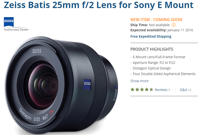 Zeiss Batis 25mm F2 lens shipping