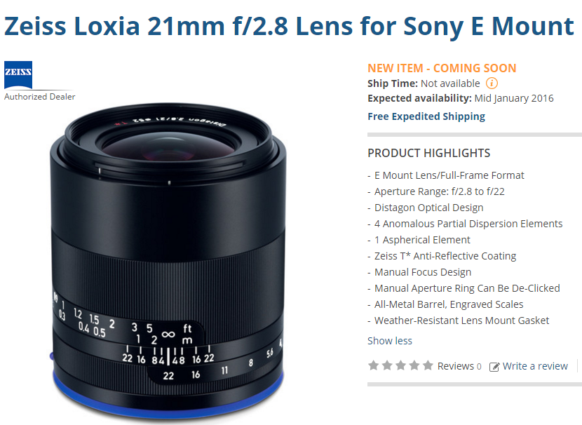 Zeiss Loxia 21mm F2.8 lens delayed