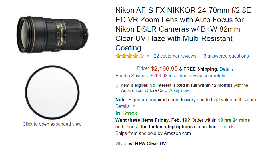 Nikon AF-S Nikkor 24-70mm F2.8 E ED lens w UV