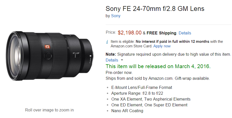 Sony FE 24-70mm F2.8 GM lens pre-order