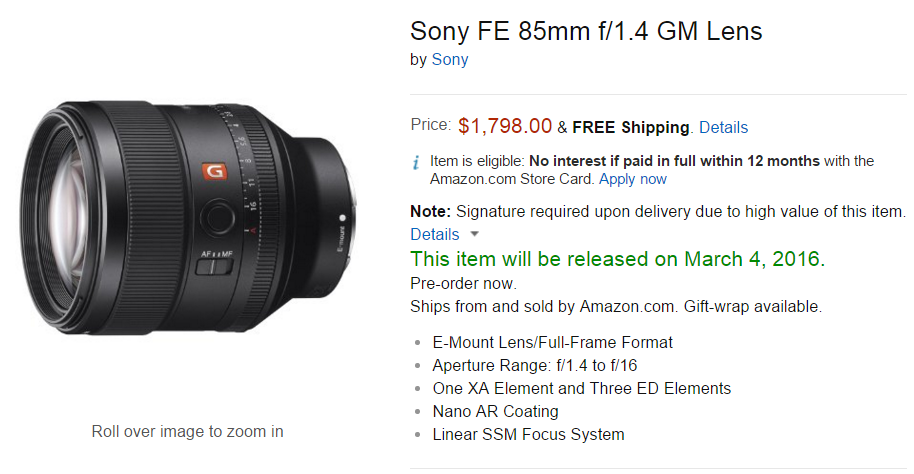 Sony FE 85mm F1.4 GM lens pre-order