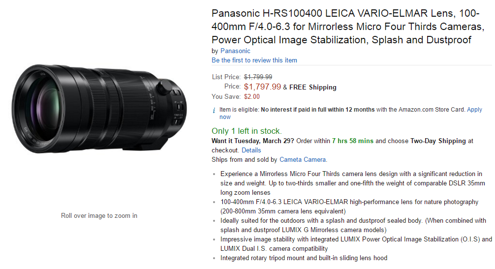 Panasonic leica 100-400mm f4.0-6.3 in stock