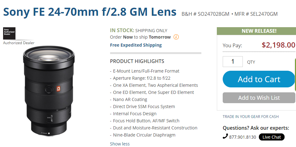 Sony FE 24-70mm F2.8 GM lens in stock
