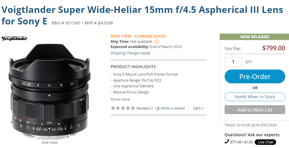 Voigtlander Super Wide-Heliar 15mm f4.5 Aspherical III Lens in stock