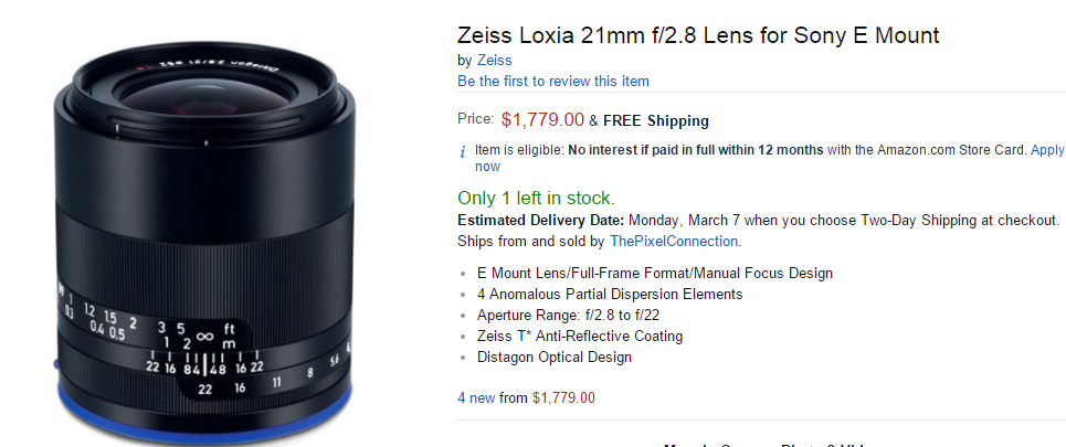 Zeiss Loxia 21mm F2.8 lens in stock