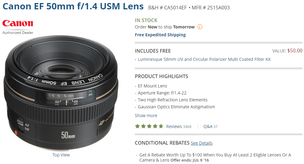 Canon EF 50mm F1.4 lens deal