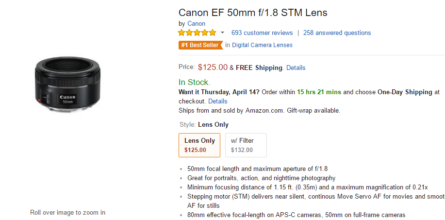 Canon EF 50mm F1.8 STM lens at Amazon
