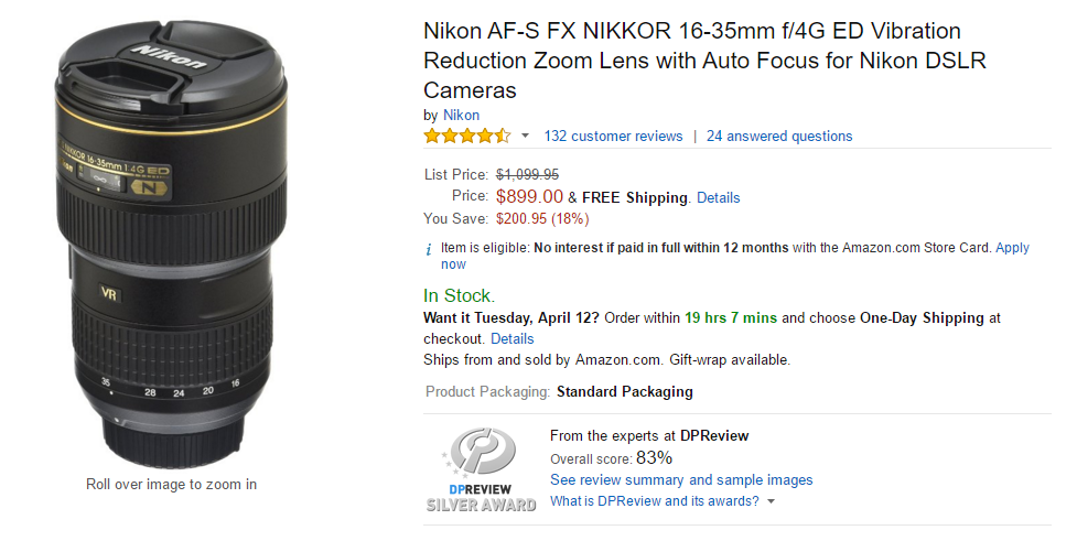 Nikon AF-S Nikkor 16-35mm F4G ED VR lens DEAL