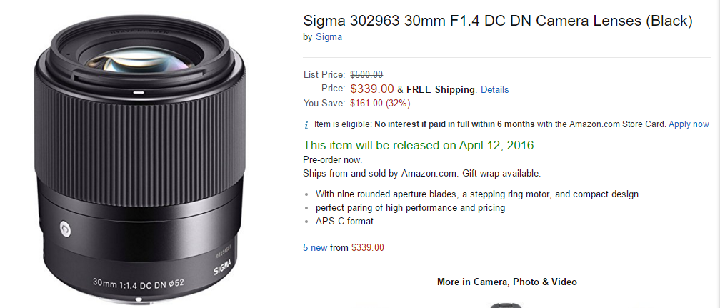 Sigma 30mm F1.4 DC DN C lens in stock at Amazon