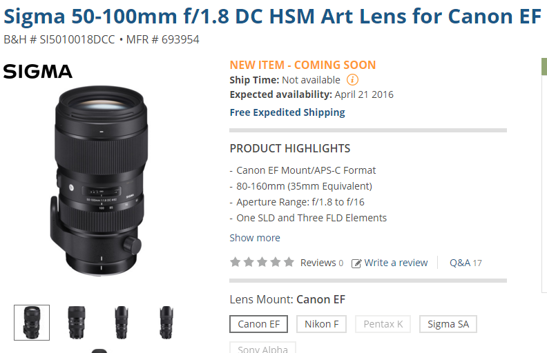 Sigma 50-100mm f1.8 DC lens in stock