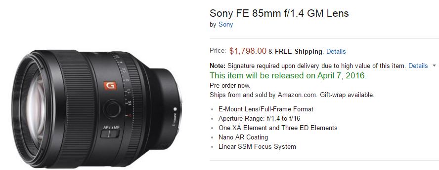 Sony FE 85mm F1.4 GM lens at Amazon