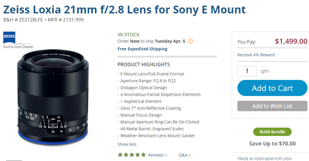 Zeiss Loxia 21mm F2.8 lens in stock at B&H