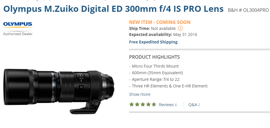 Olympus 300mm F4 Pro IS lens start shipping in June