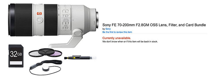 Sony FE 70-200mm F2.8 GM lens listed at amazon