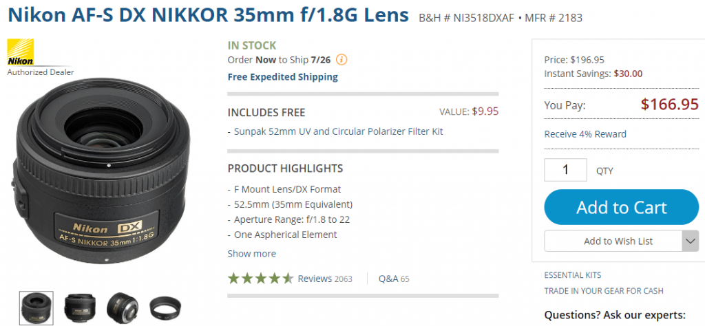 Nikon AF-S DX Nikkor 35mm F1.8G lens deals