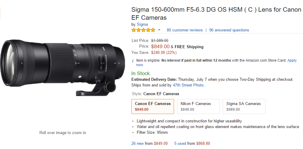 Sigma 150-600mm F5-6.3 DG C lens deal
