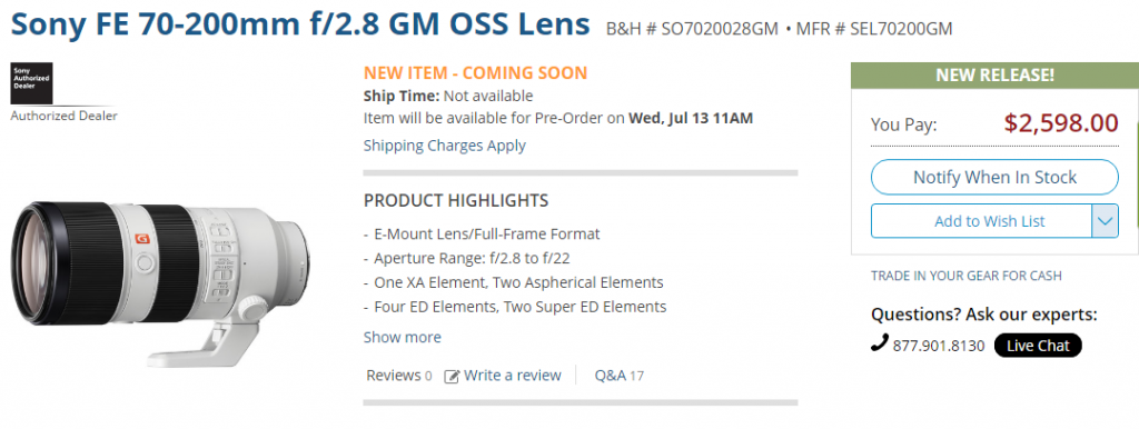 Sony FE 70-200mm F2.8 GM OSS lens pre-order