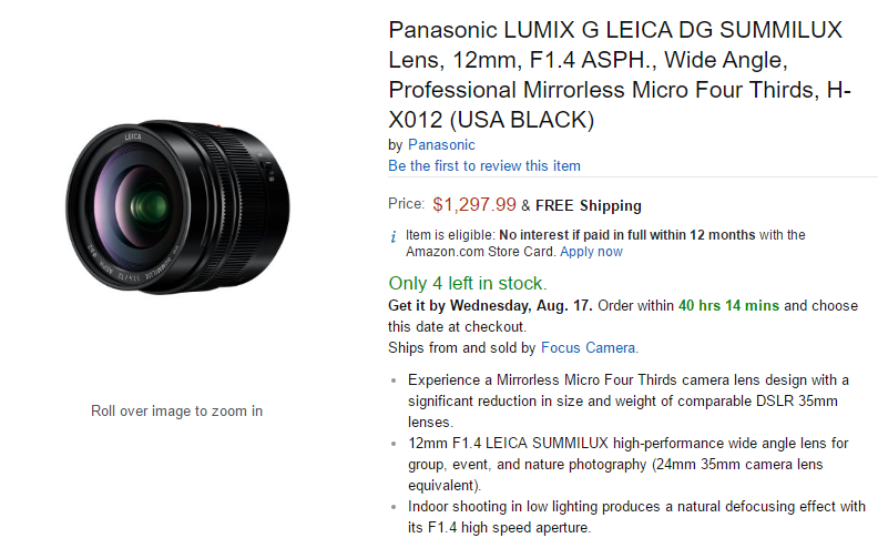 Panasonic Leica DG 12mm F1.4 ASPH lens in stock