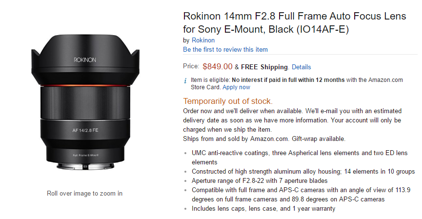 Rokinon AF 14mm f2.8 FE Lens pre-order