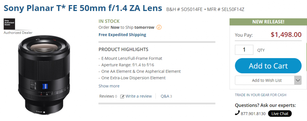 Sony FE 50mm F1.4 ZA lens in stock