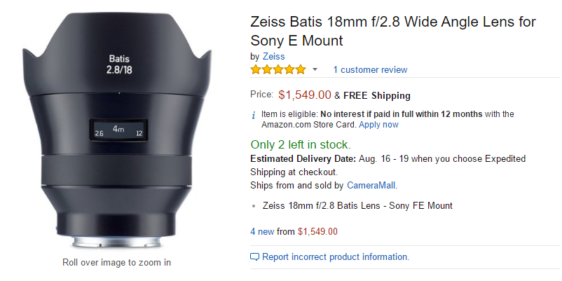 Zeiss Batis 18mm lens in stock