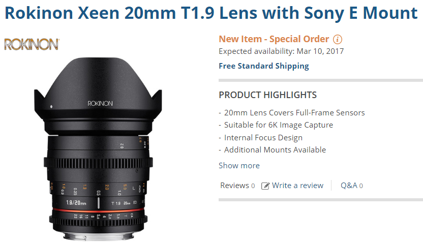 Rokinon Xeen 20mm T1.9 lens pre-order