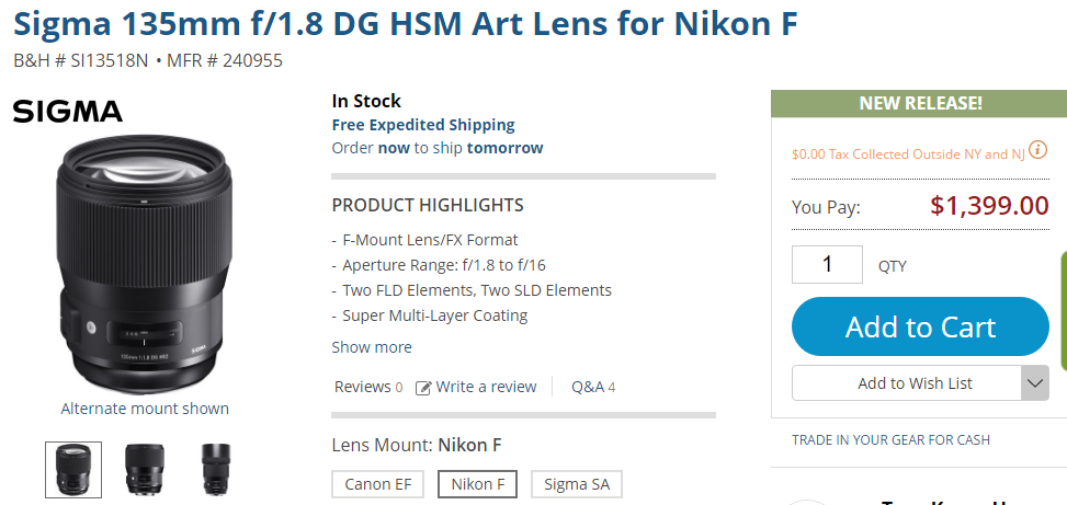 Sigma 135mm f1.8 DG HSM Art Lens in stock