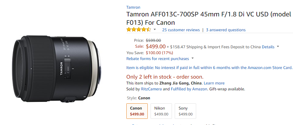 Tamron SP 45mm F1.8 lens deal