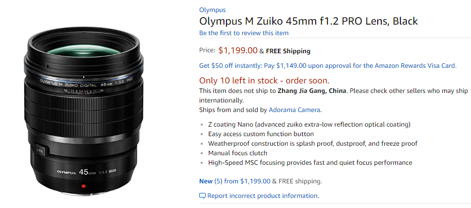Olympus 45mm F1.2 Pro lens in stock