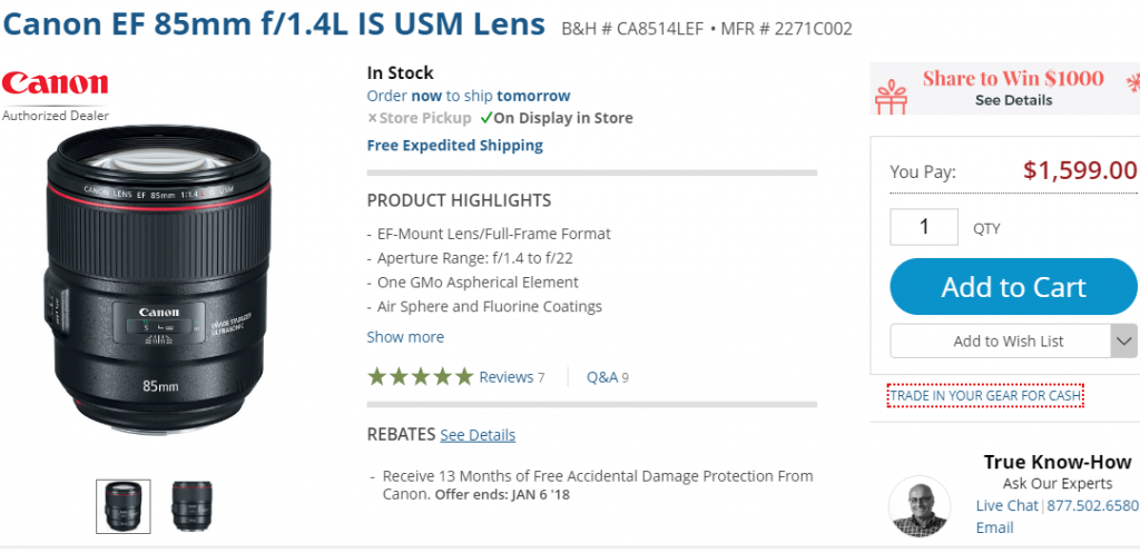 Canon EF 85mm F1.4L IS USM lens in stock