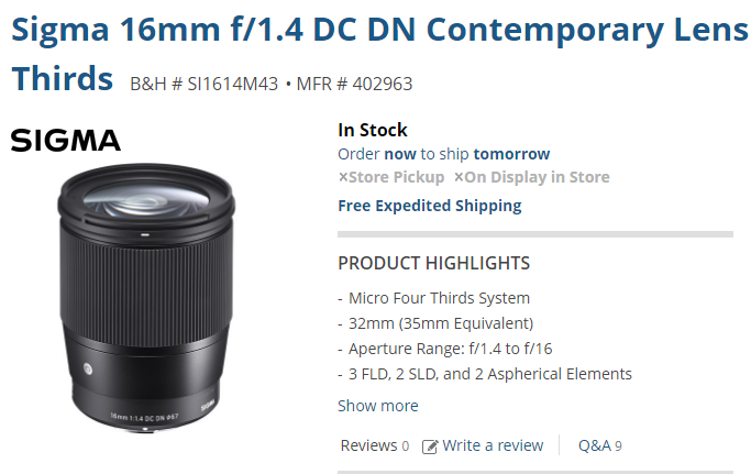 Sigma 16mm F1.4 DC DN C lens in stock
