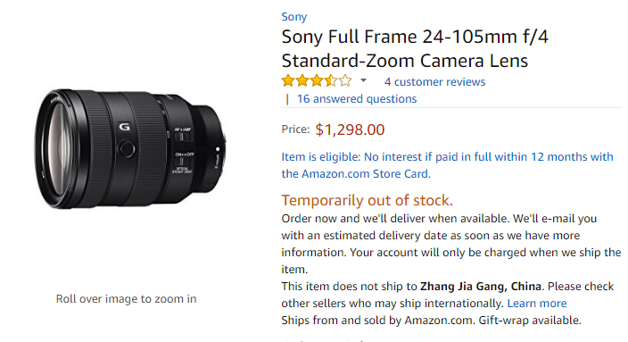 Sony FE 24-105mm F4 OSS lens out of stock